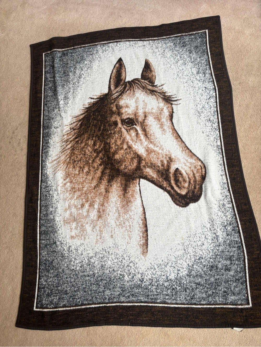 Vintage Biederlack Brown Horse Portrait Throw Blanket Western Couch Decor